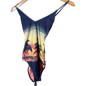 Beach print one piece swimsuit with corset type back